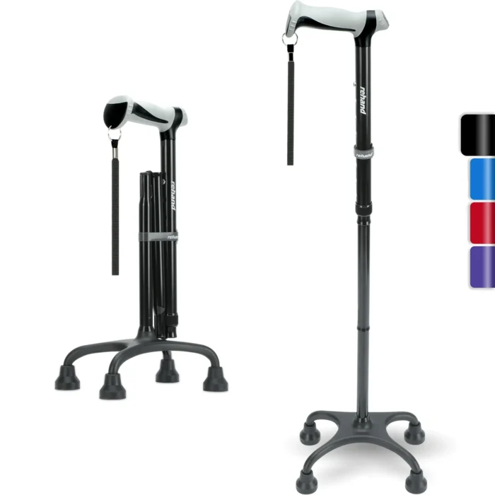 REHAND Adjustable Foldable Quad Cane,Lightweight Walking Cane for Men & Women with 4-Pronged Base for Extra Balance & Stability,Black - Image 1