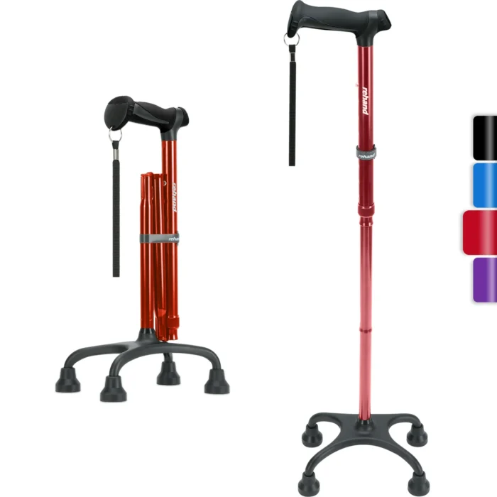 REHAND Adjustable Foldable Quad Cane,Lightweight Walking Cane for Men & Women with 4-Pronged Base for Extra Balance & Stability,Red - Image 1