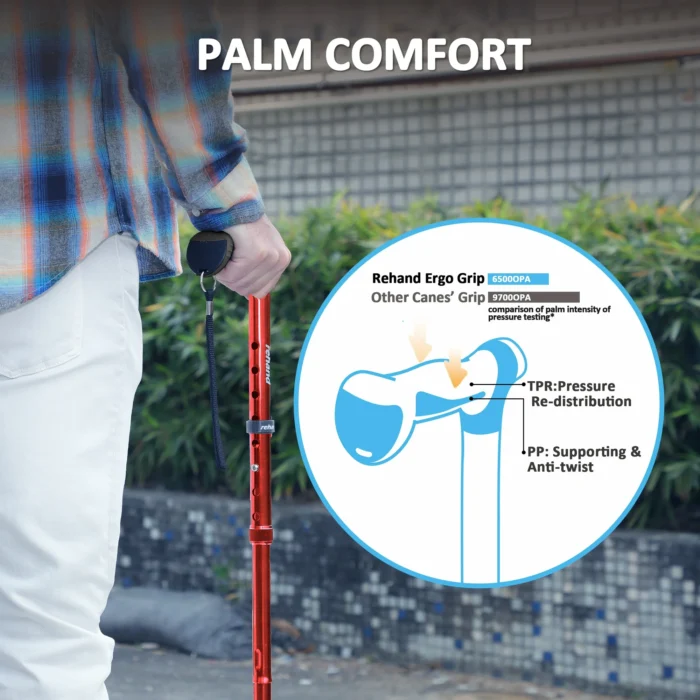 REHAND Adjustable Foldable Quad Cane,Lightweight Walking Cane for Men & Women with 4-Pronged Base for Extra Balance & Stability,Red - Image 3
