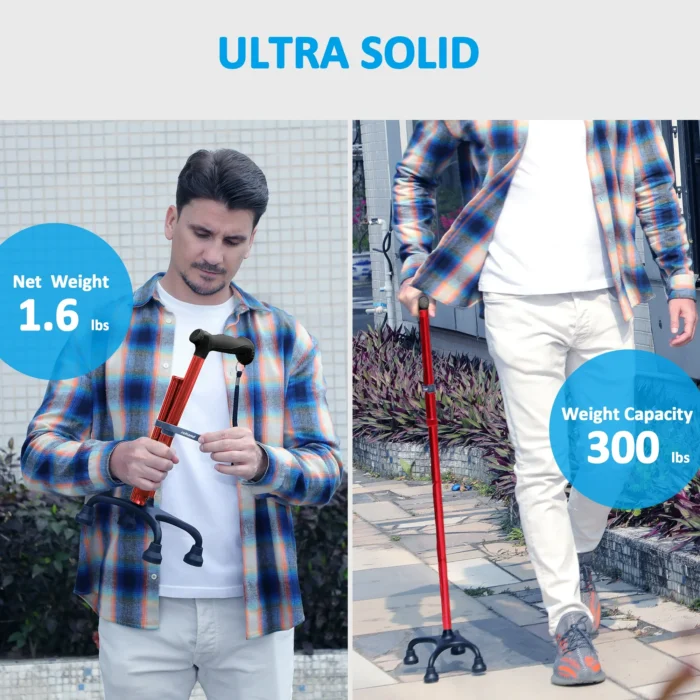 REHAND Adjustable Foldable Quad Cane,Lightweight Walking Cane for Men & Women with 4-Pronged Base for Extra Balance & Stability,Red - Image 4